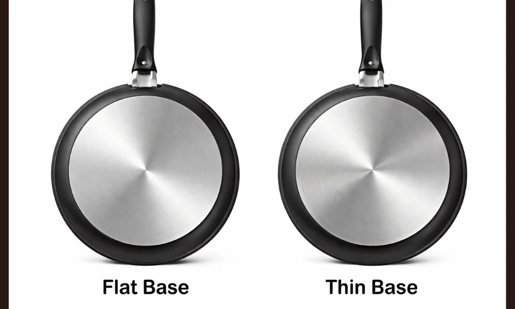 Thick and thin non-stick cookware bases showing construction differences