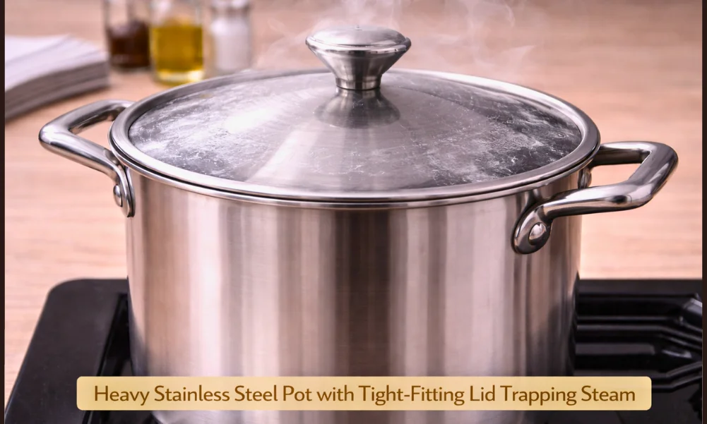 Waterless cookware showing tight-fitting lid and moisture retention during cooking