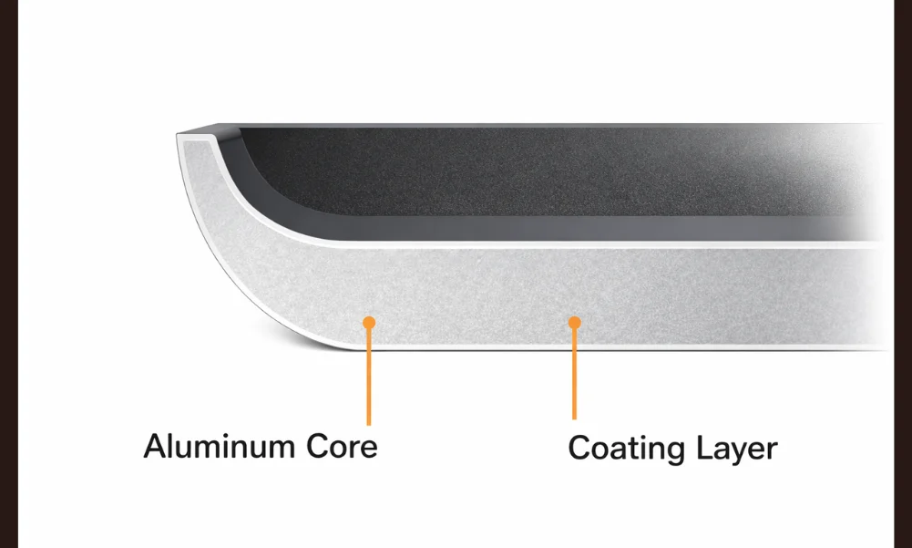 Cross-section showing an aluminum core beneath a protective cooking surface