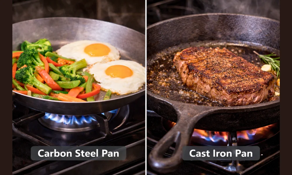 Carbon steel cookware used for eggs and stir frying compared with cast iron cookware used for searing meat