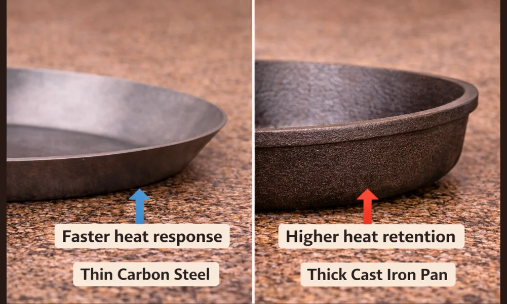 Thickness and heat response comparison between carbon steel and cast iron cookware