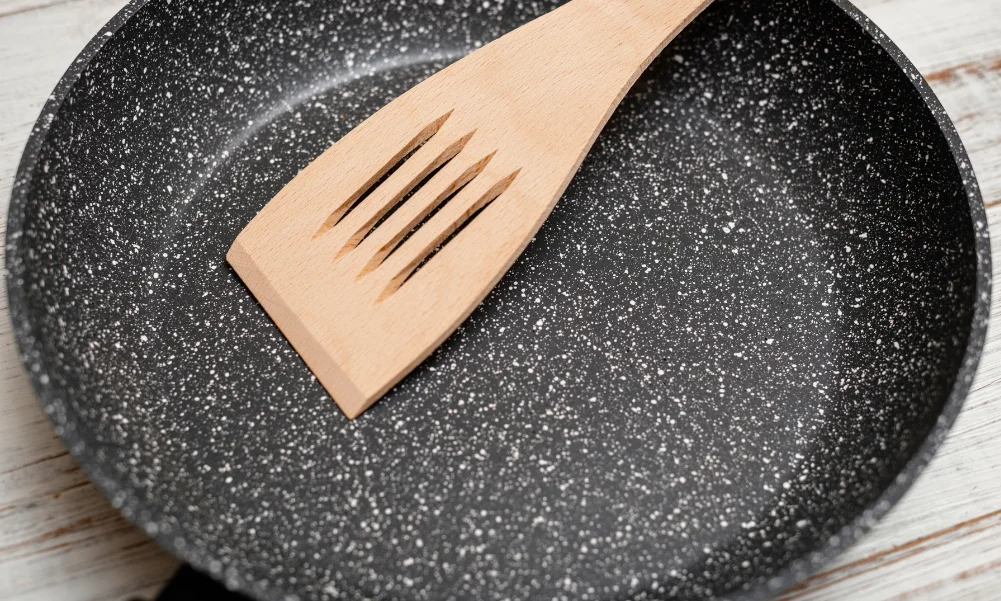 Close up of ceramic non stick cookware coating
