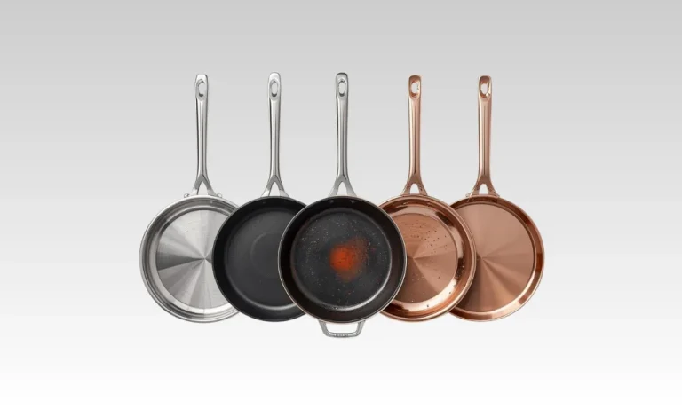 Different cookware types including stainless steel, cast iron, non-stick, ceramic, and copper cookware
