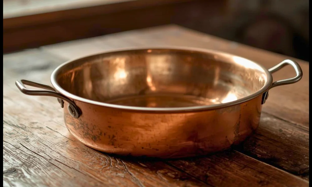 Copper cookware showing natural patina from regular use