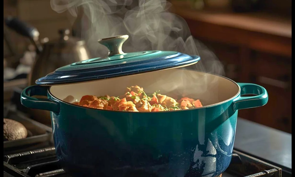 Enameled cast iron cookware used for braising on the stovetop