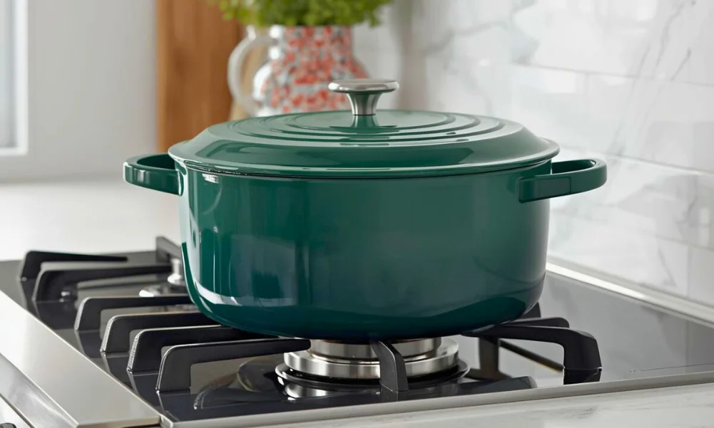 Enameled cast iron cookware used for slow cooking in a home kitchen