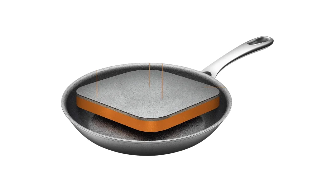 Cross-section showing aluminum cookware with layered nonstick coating