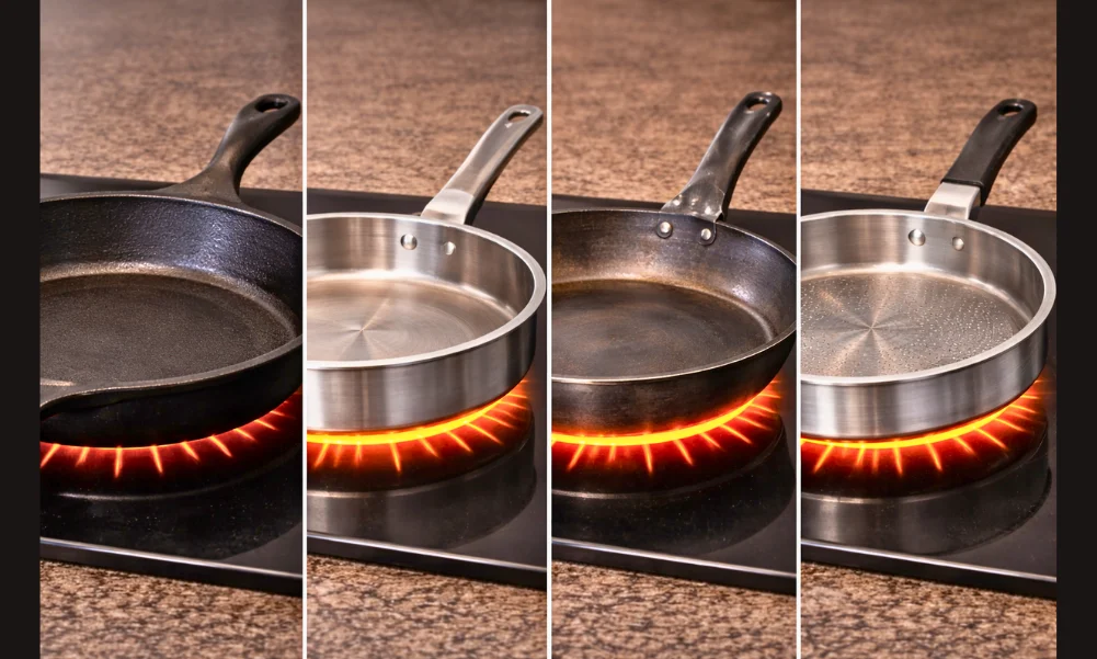 Different induction-compatible cookware materials placed on an induction cooktop