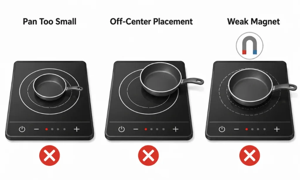 Common reasons an induction cooktop does not detect cookware