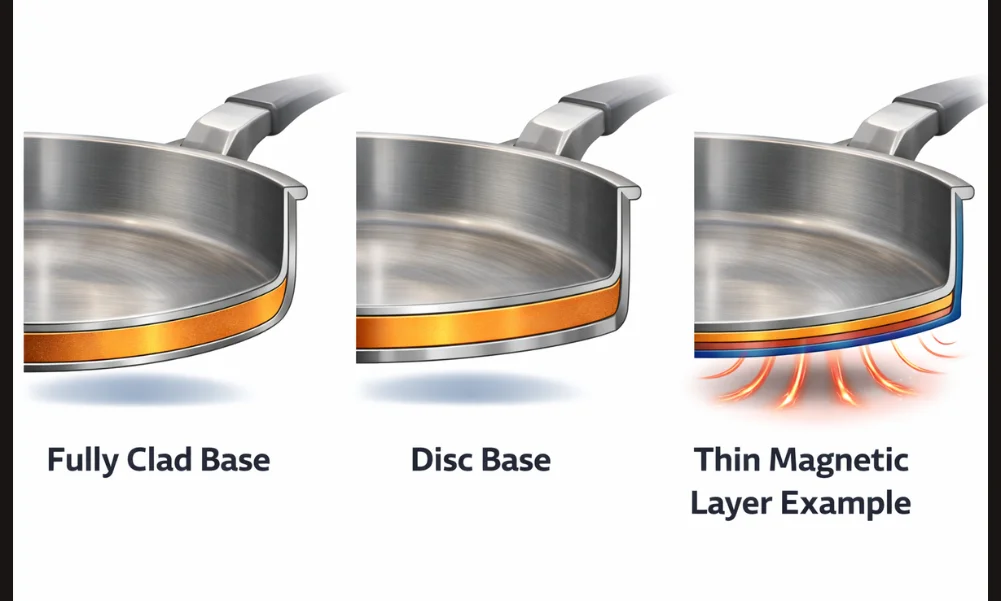Cross-section of cookware bases showing different induction-compatible constructions
