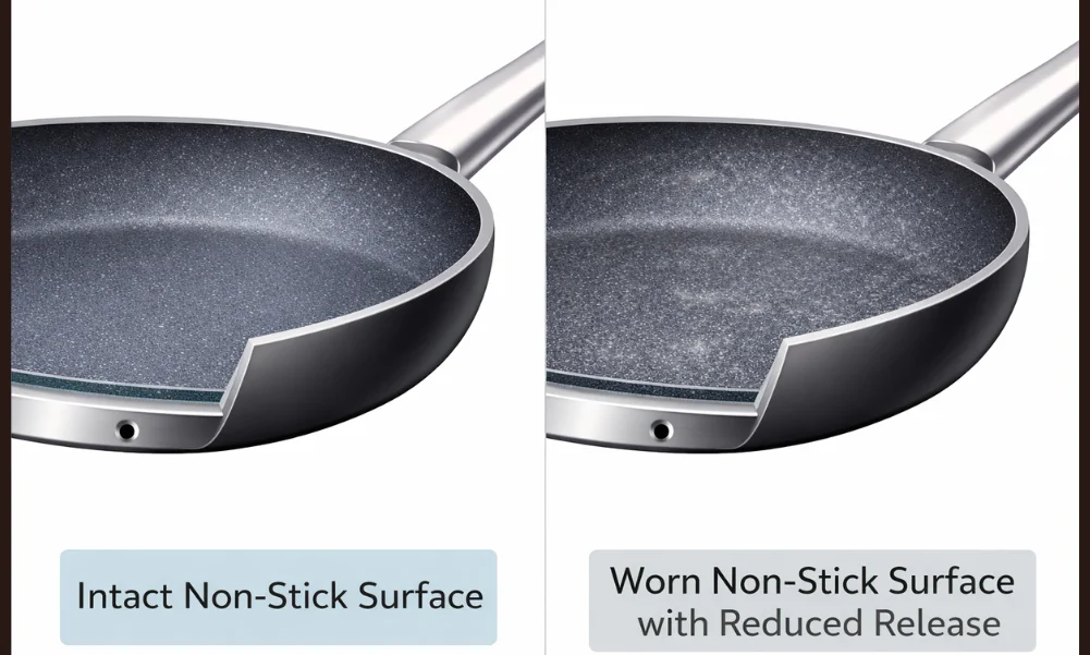 Comparison of intact and worn non-stick cookware surfaces