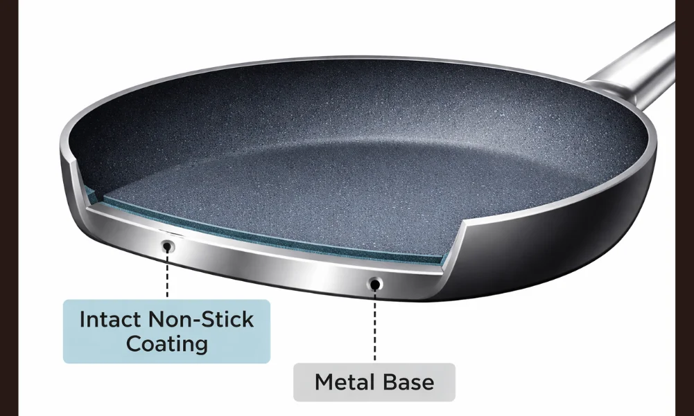 Cross-section of non-stick cookware showing coating over metal base