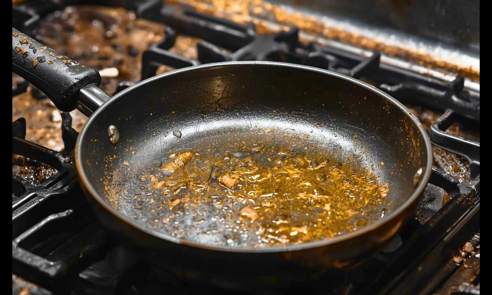 Nonstick cookware surface with visible coating degradation