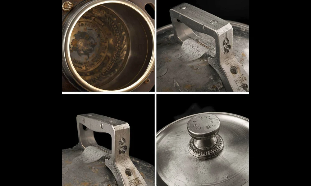 Close-up of stainless steel cookware handles and lids
