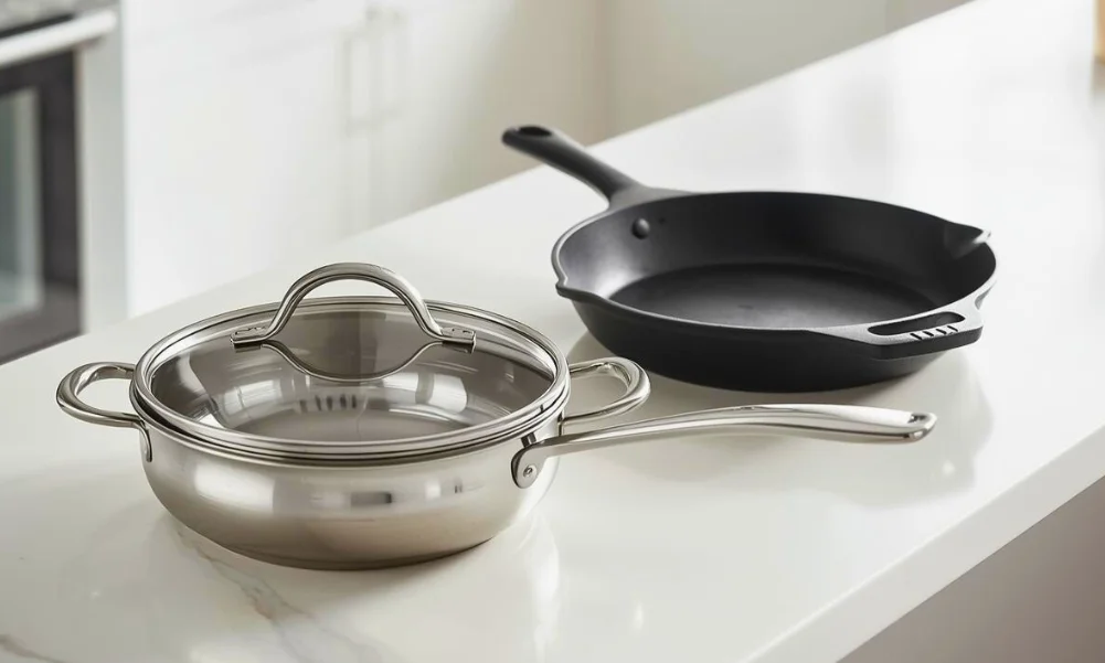 Stainless steel cookware compared with cast iron and non-stick cookware
