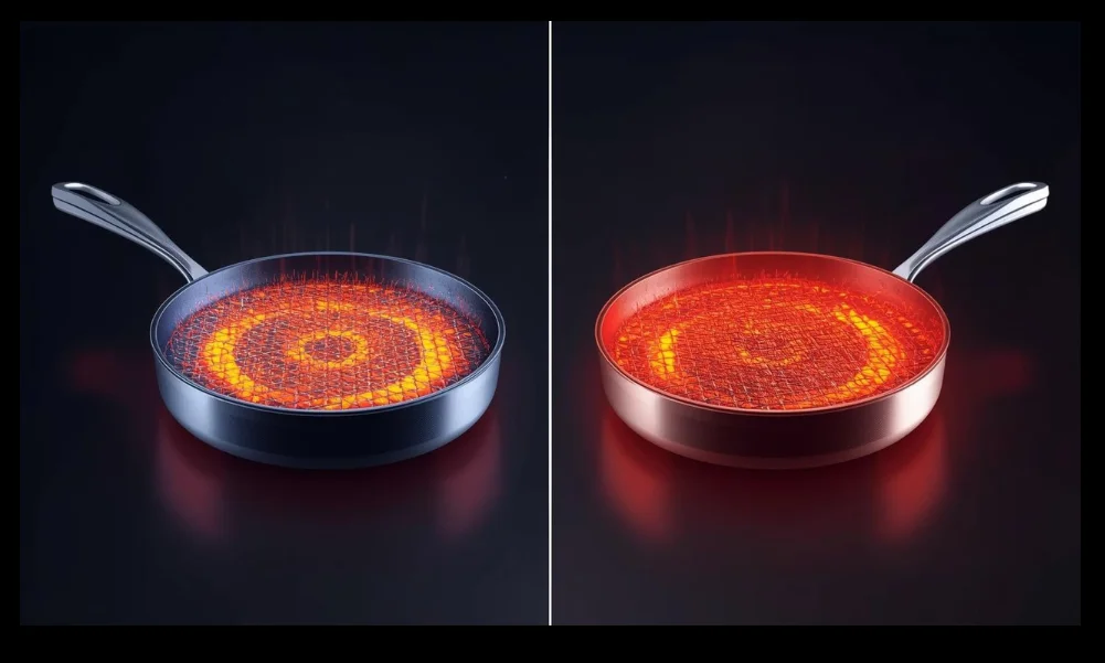 Heat distribution comparison between thin and thick cookware