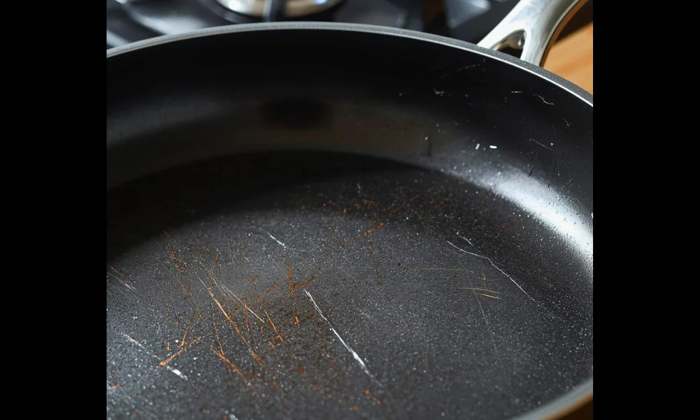 Worn non-stick cookware surface after extended use