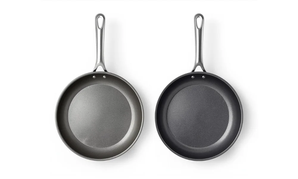 Titanium-reinforced non-stick pan compared with standard non-stick pan