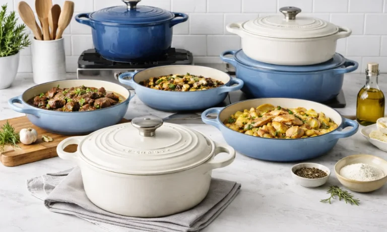 showing Le Creuset enameled cast iron cookware