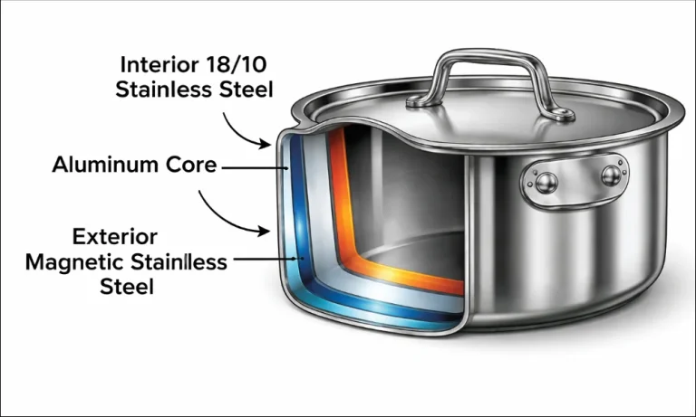 Fully bonded stainless steel cookware showing multi-layer clad construction