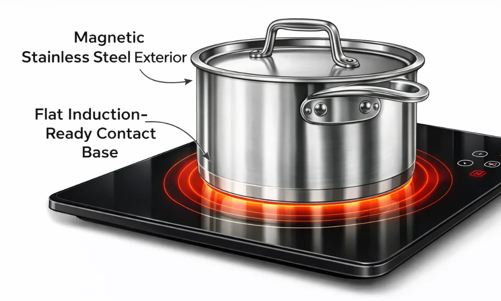 Stainless steel clad cookware on induction cooktop with flat contact base