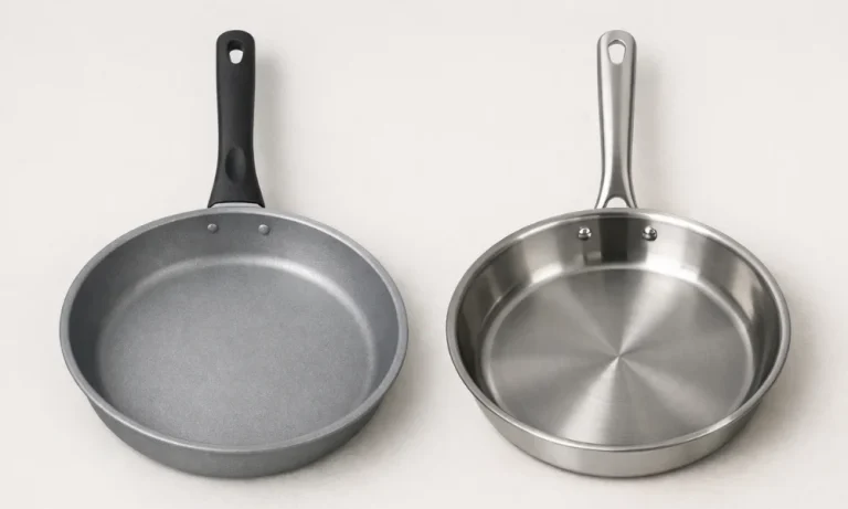 Aluminum and stainless steel cookware shown side by side for material comparison.