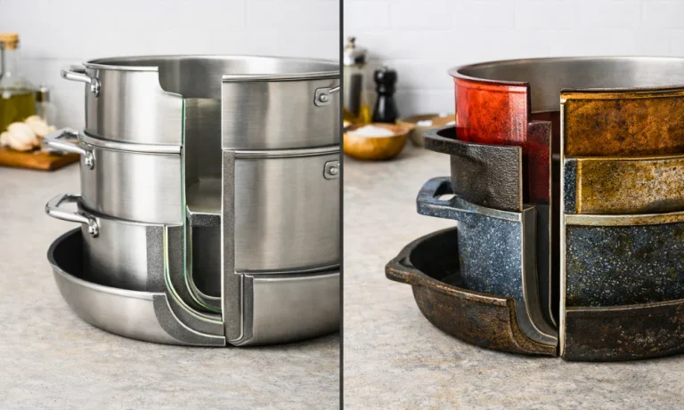 Comparison of cookware sets showing differences in construction thickness and finish.