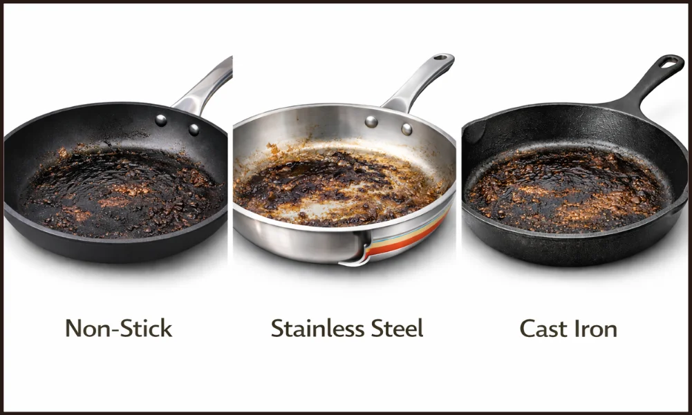Cookware surface with burned oil residue buildup