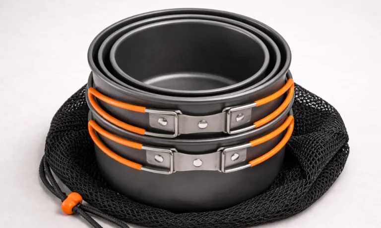 Camp cookware set showing stacked pots and pans used outdoors