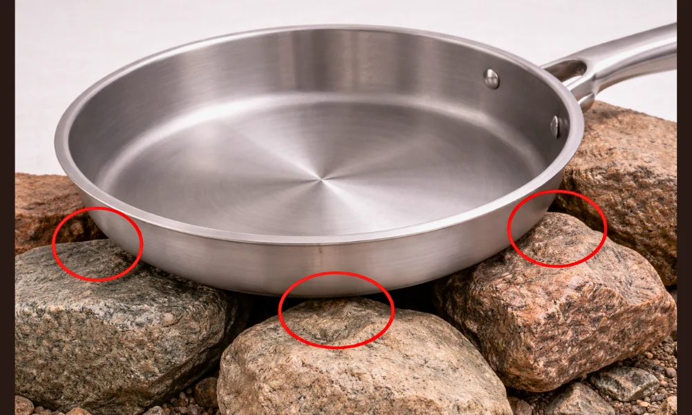 Cookware resting on uneven outdoor surface showing stability stress points