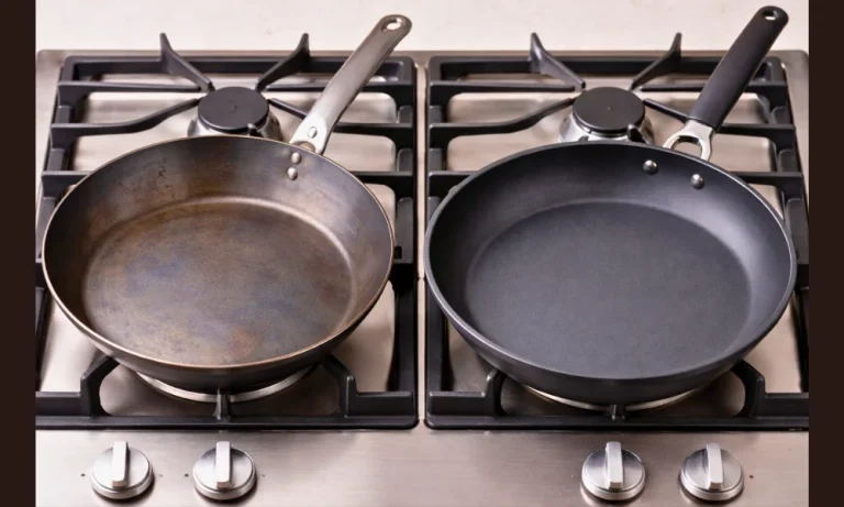 Carbon steel cookware and non-stick cookware shown side by side.