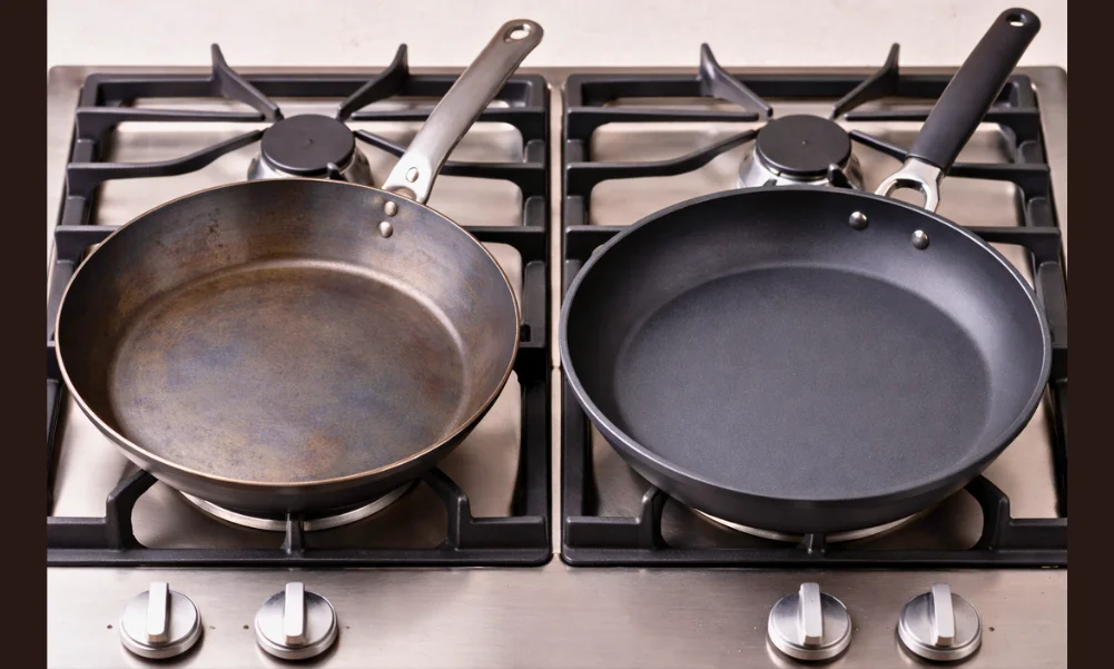 Carbon steel cookware and non-stick cookware shown side by side.