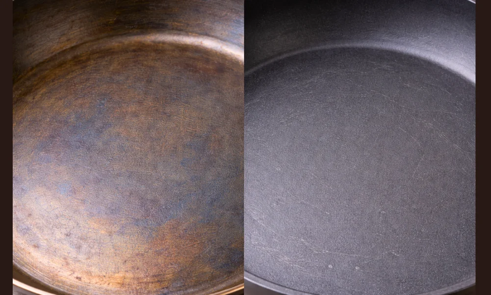 Close-up showing carbon steel seasoning and non-stick coating surface.