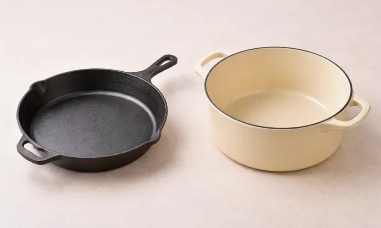 Bare cast iron and enameled cast iron cookware shown side by side