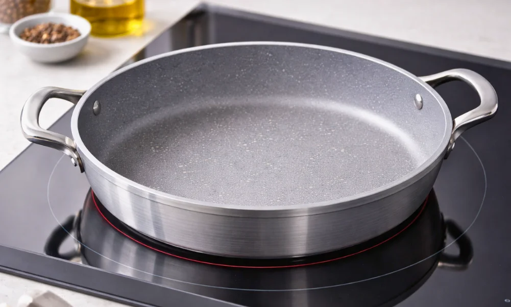 Ceramic-coated cookware on induction cooktop with flat base contact