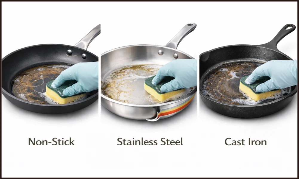 Cleaning cookware surface with light oil residue