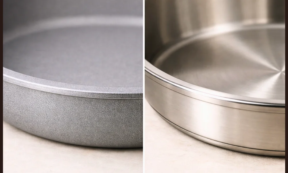 Close-up showing differences in cookware base thickness and rigidity.