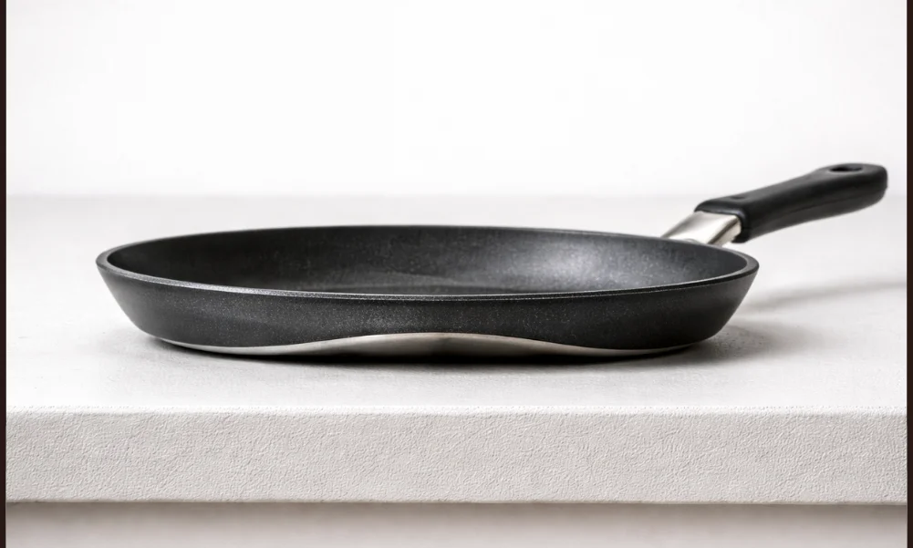 Cookware base showing gradual deformation from repeated heat exposure.