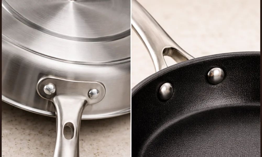 Cookware handle attachment and base contact area showing structural design.
