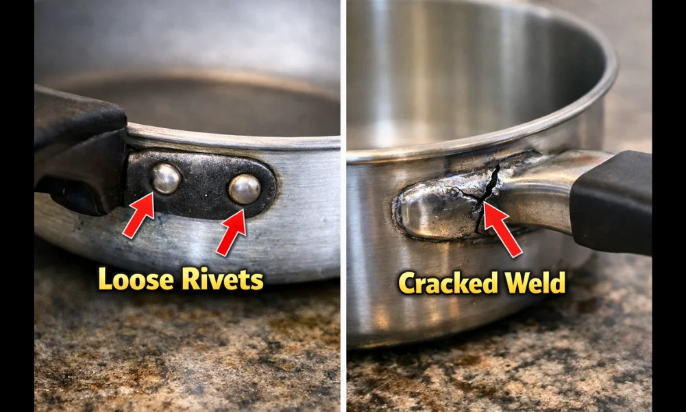 Loose riveted handle and cracked welded handle examples