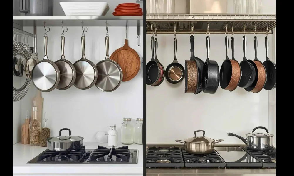 Cookware stored on hooks compared with cookware stored on a rack