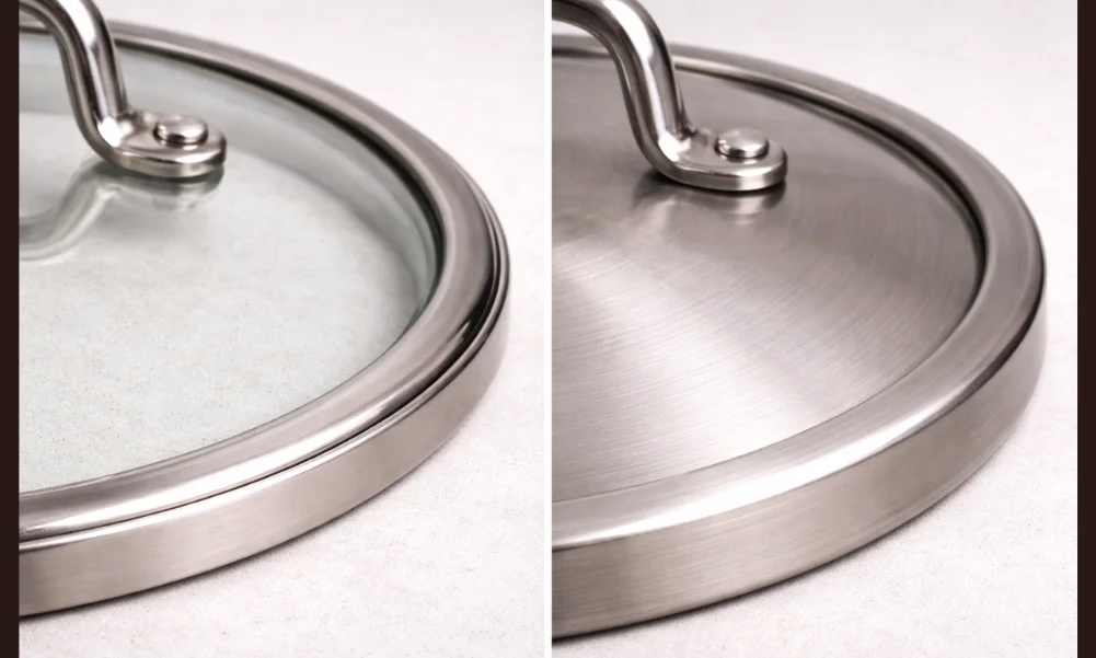 Close-up of cookware lid rims showing edge contact during storage