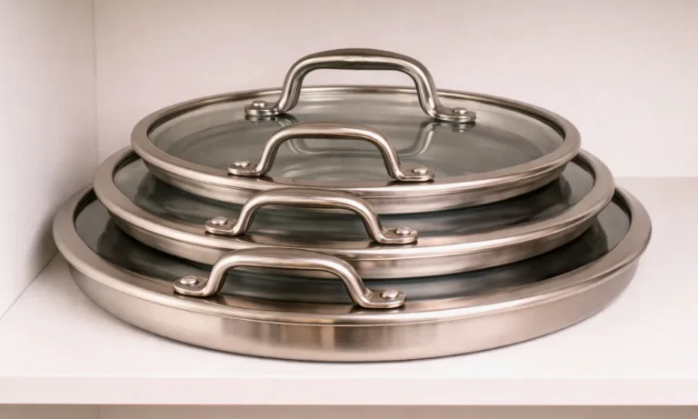 Stacked cookware lids showing contact points at rims and handles