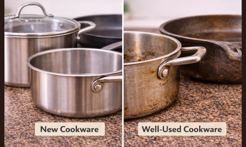 New cookware compared with well-used cookware