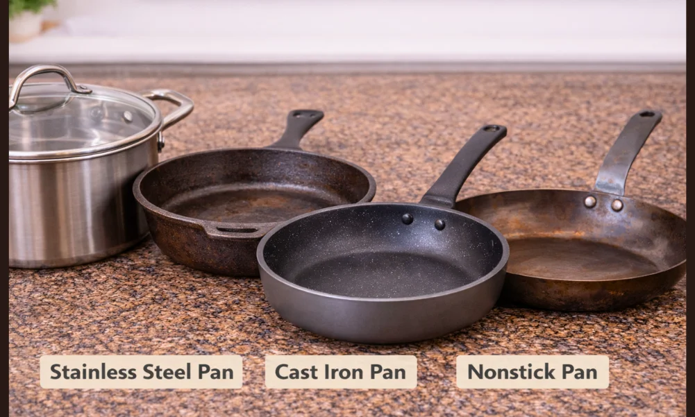 Different cookware materials including stainless steel, cast iron, and non-stick