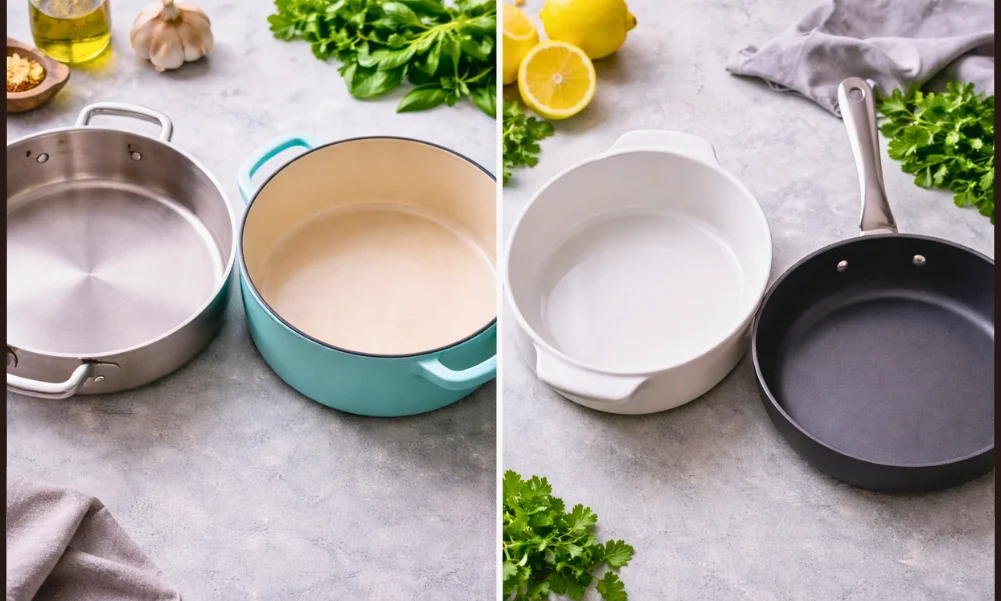 Different cookware materials arranged to show surface and construction differences.