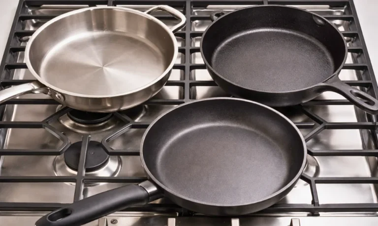 Different cookware materials showing surface differences used for frying