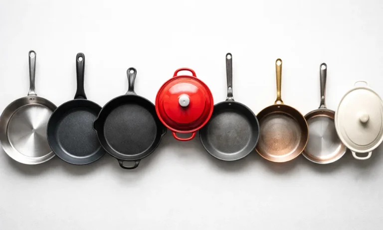 Different cookware materials arranged to show variation in construction and surface types.