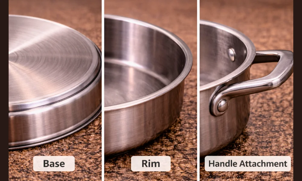 Cookware construction details showing base thickness and handle attachment