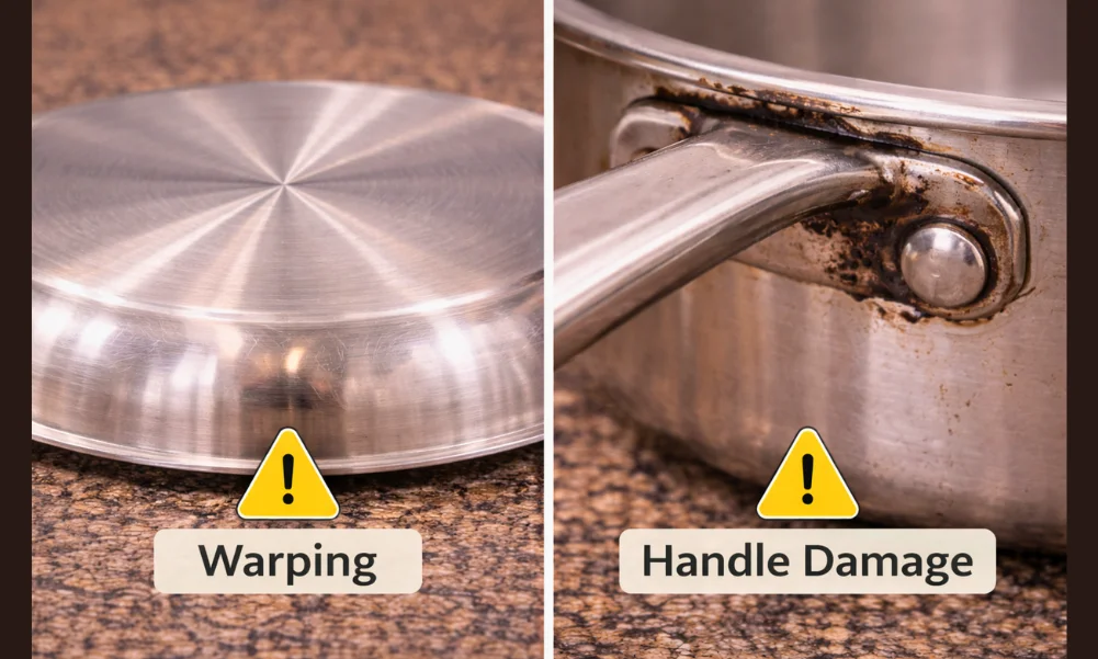 Cookware showing warping and handle damage